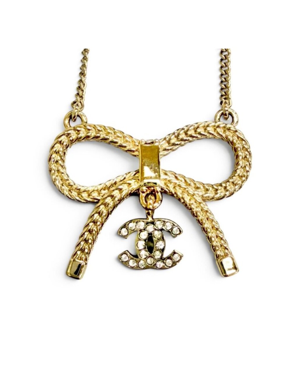 Chanel CC Logo Rhinestone Ribbon Necklace Gold